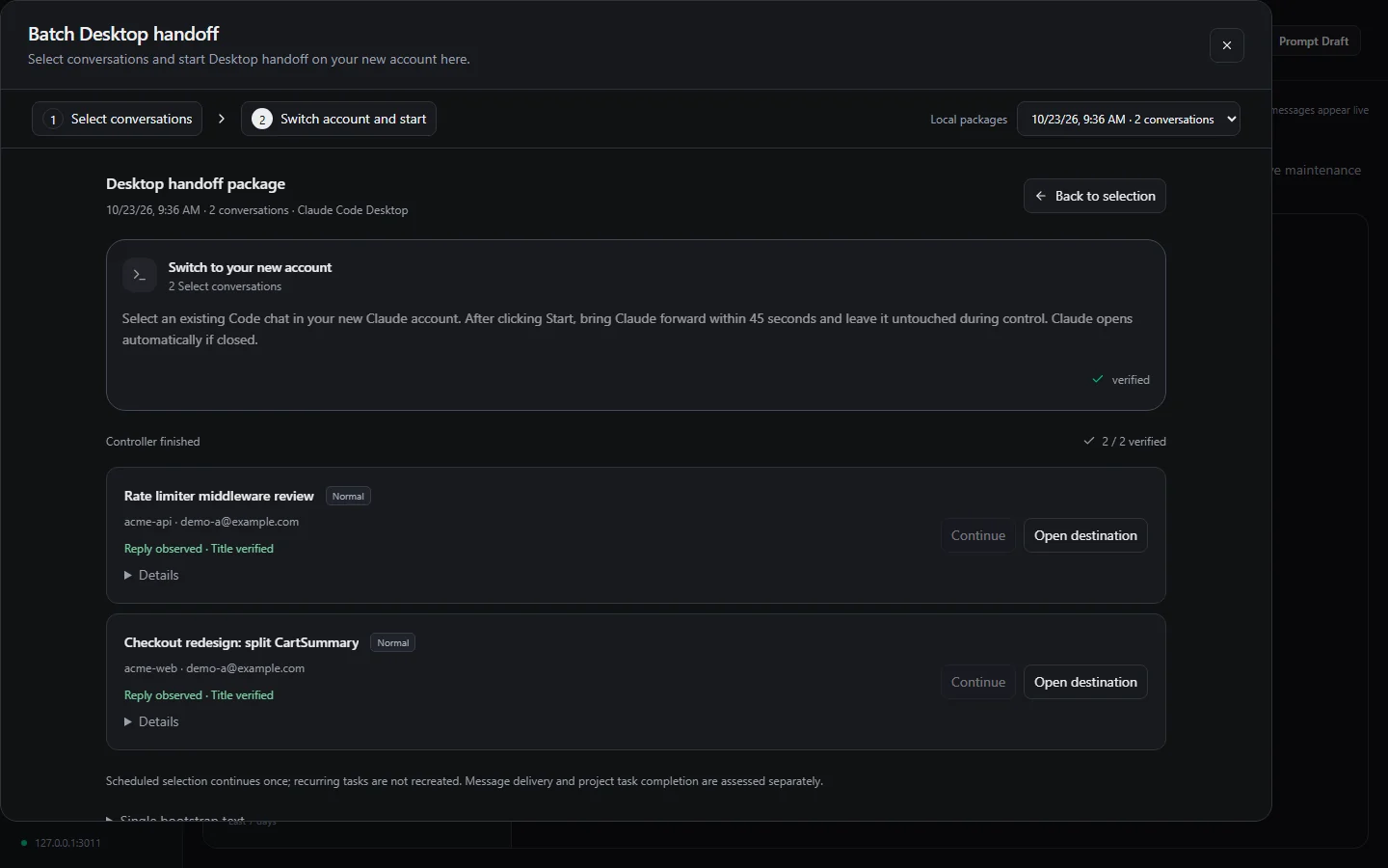 Switchyard batch handoff screen in demo mode: a package of two conversations delivered to a new Claude account, both marked Reply observed and Title verified, 2 of 2 verified