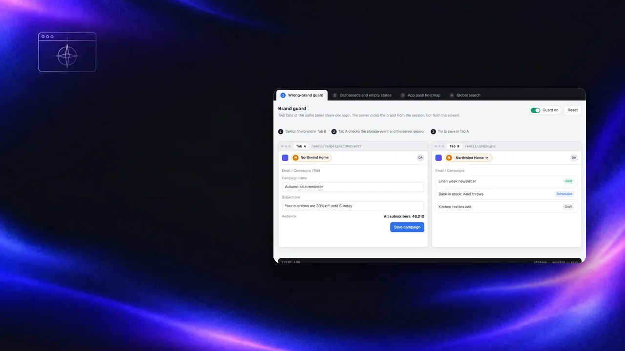Farklı markalara ait iki panel sekmesi, biri marka uyuşmazlığı penceresiyle kapalı, yanında boş durumları olan dashboard ızgarası