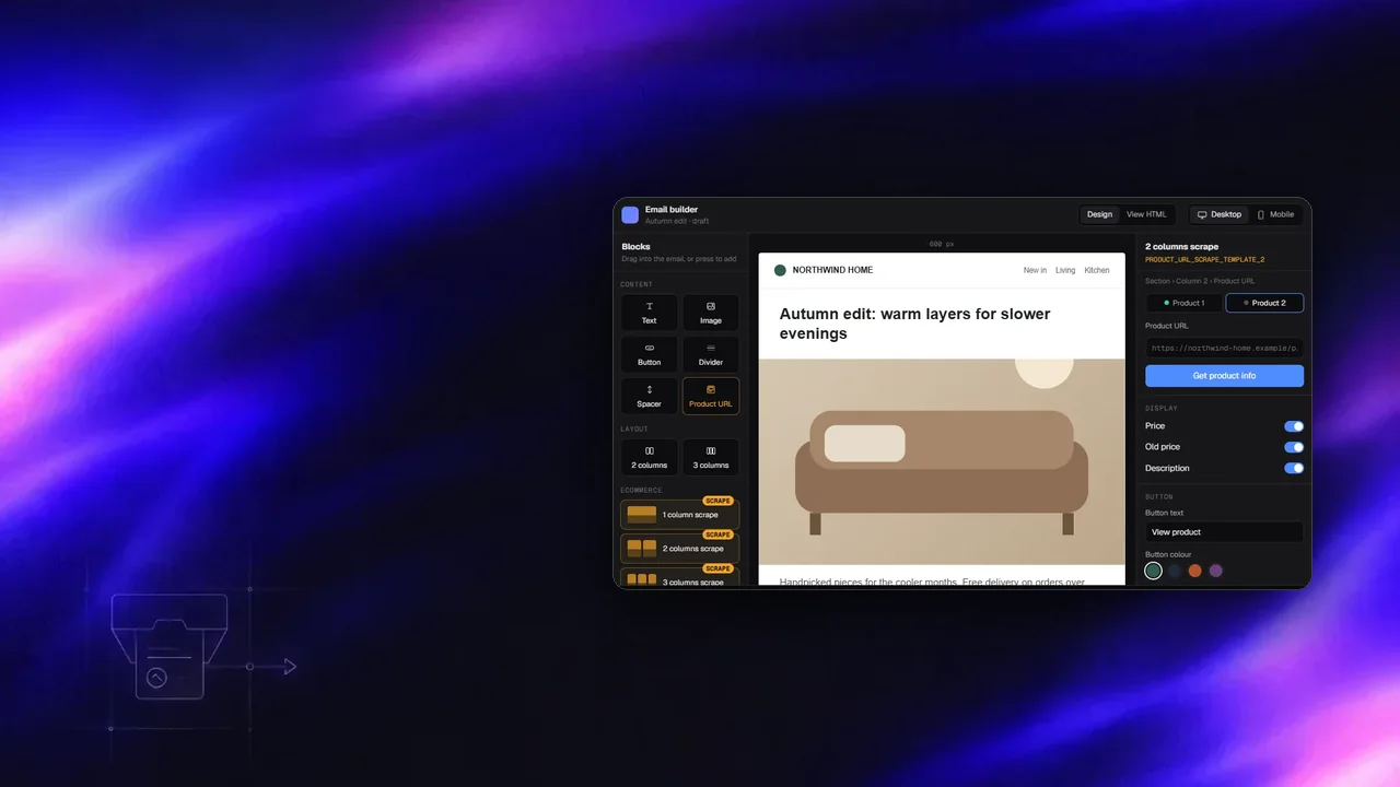 Blok paleti, yapıştırılan URL'den dolan iki sütunlu ürün bloğu ve inspector paneli olan e-posta editörü