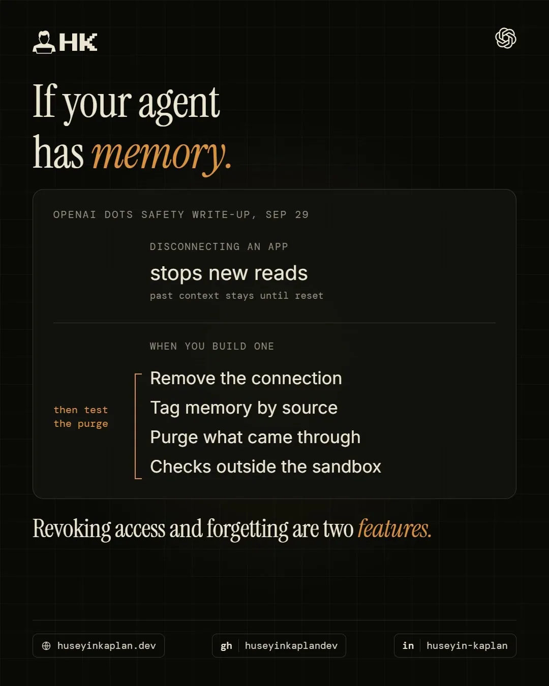 Card on OpenAI's Dots safety write-up: disconnecting an app stops new reads, plus four steps for agents with memory.