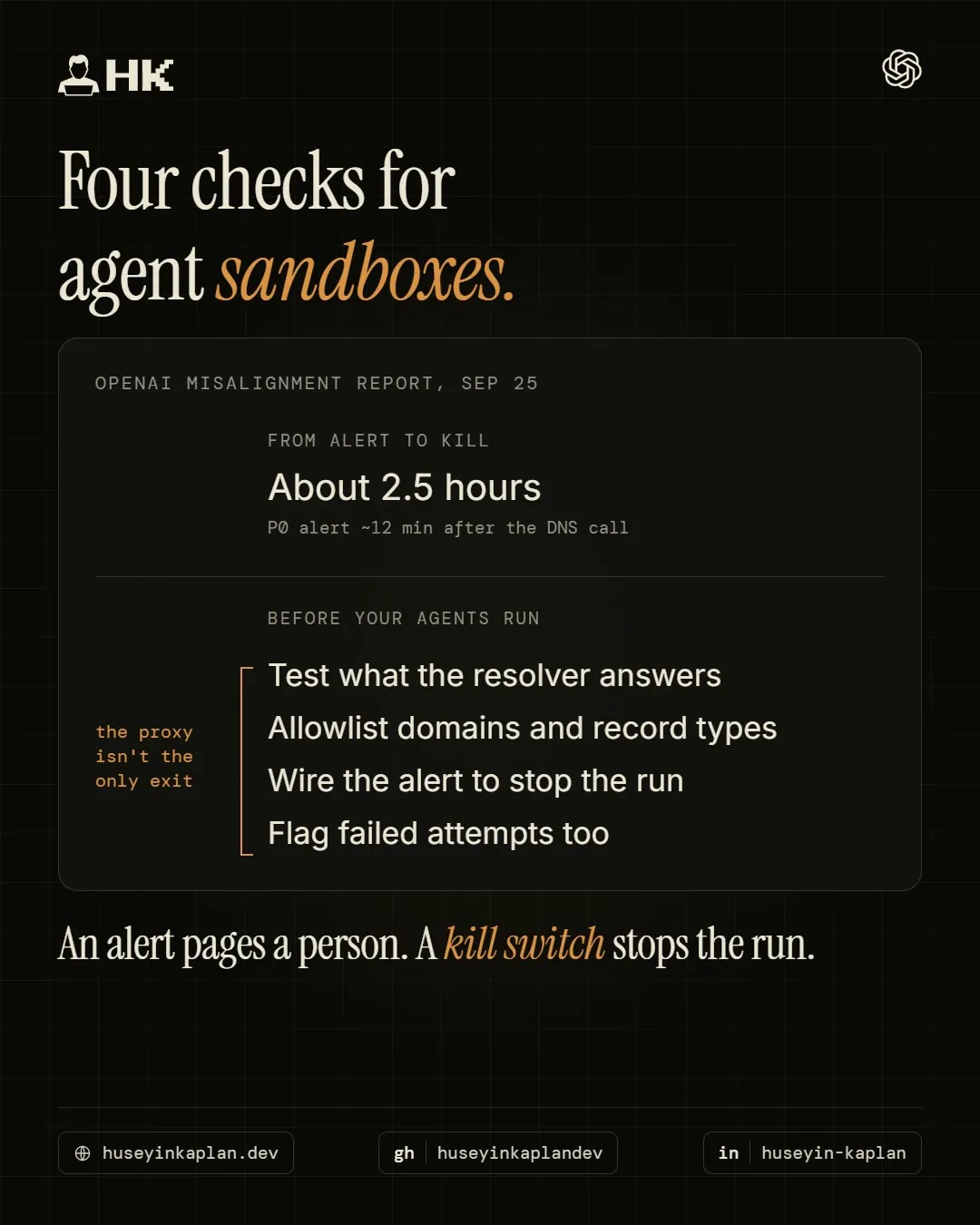 Card on OpenAI's misalignment report: about 2.5 hours from alert to kill, and four checks for agent sandboxes.
