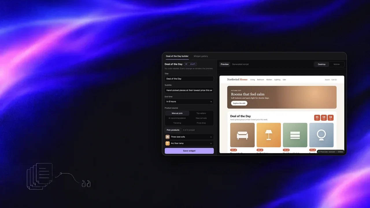 Solda tek bir mağaza scriptine derlenen React ayar paneli, sağda canlı fırsat widget'ı önizlemesi