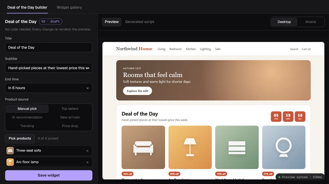 A React settings panel on the left compiling into a single storefront script and a live deal widget preview on the right
