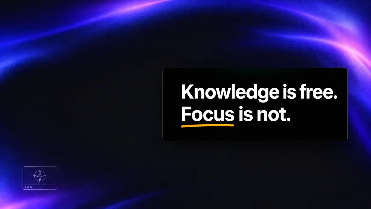Siyah zemin üzerinde "Knowledge is free. Focus is not." yazısı; "Focus" kelimesinin altı sarı çizili