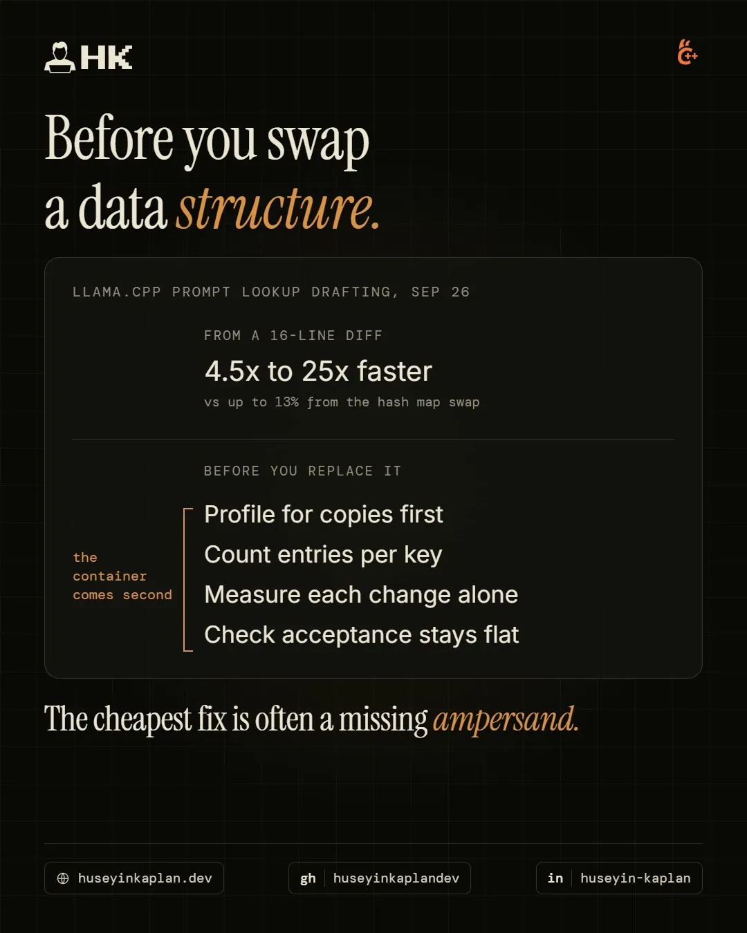 llama.cpp prompt lookup drafting kartı: 16 satırlık diff ile 4.5x-25x hız ve veri yapısını değiştirmeden önce kontroller.
