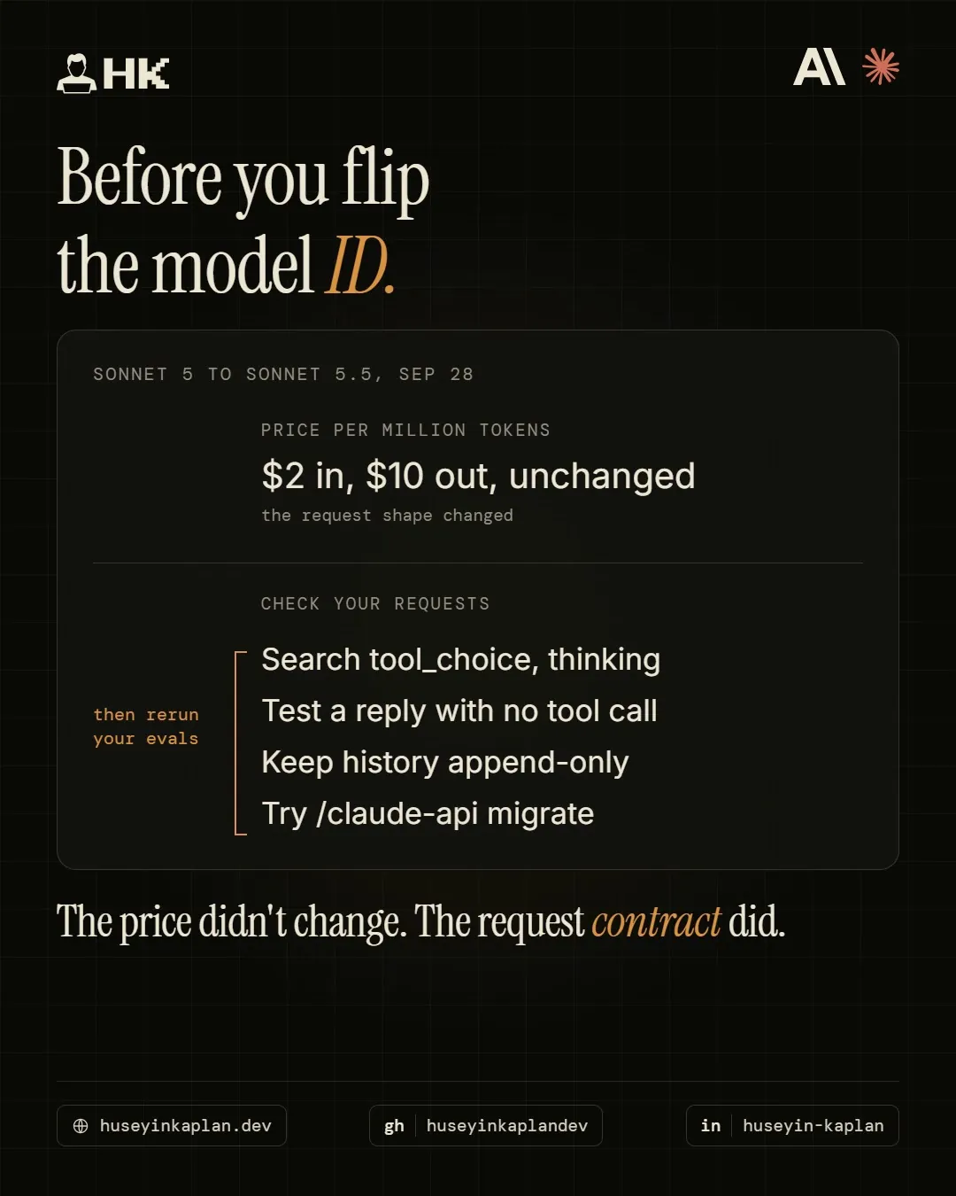 Sonnet 5 to Sonnet 5.5: $2 in, $10 out per million tokens unchanged, with a request checklist before flipping the model ID