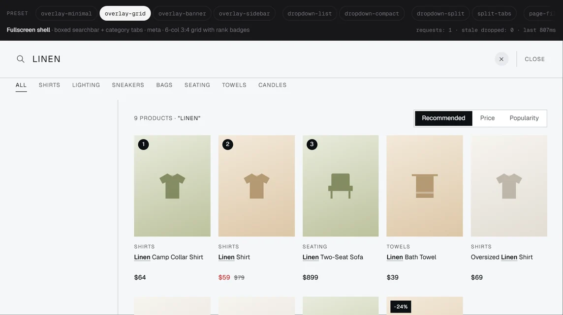 Full-screen search overlay with product grid, category chips and a typed query, shown over a storefront