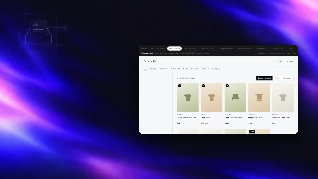 Bir mağaza sayfası üzerinde ürün grid'i, kategori çipleri ve yazılmış bir sorguyla tam ekran arama overlay'i