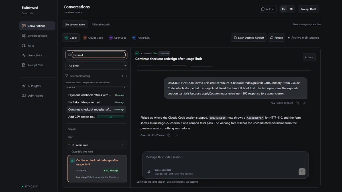 Demo modunda Switchyard konuşmalar ekranı: kullanım limitine takılan bir Claude Code oturumunu devralan Codex sohbeti, solda proje listesi