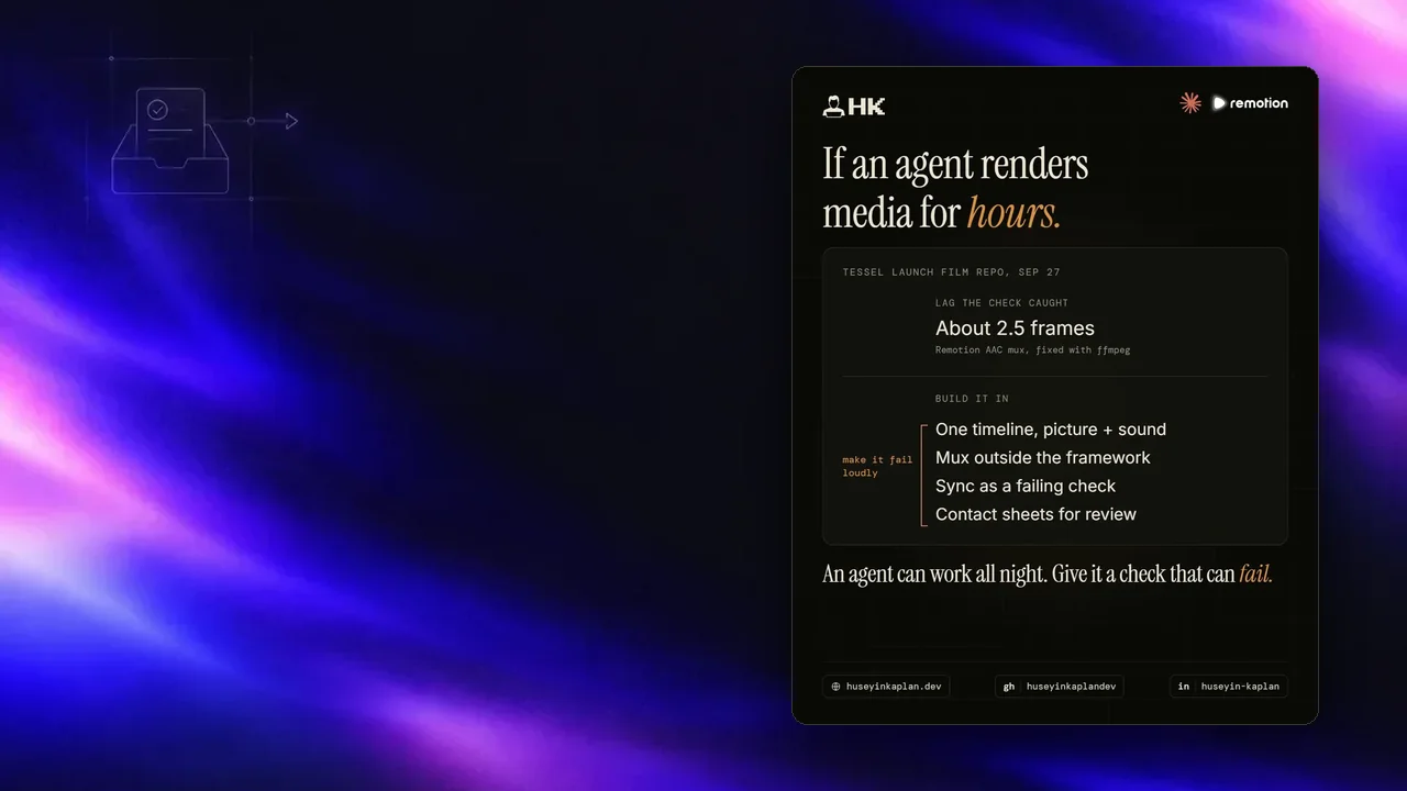 Tanıtım filmi repo'su: Remotion AAC mux'ı yaklaşık 2.5 kare ses gecikmesi bıraktı, ffmpeg ile düzeltildi; agent medya render kontrol listesi