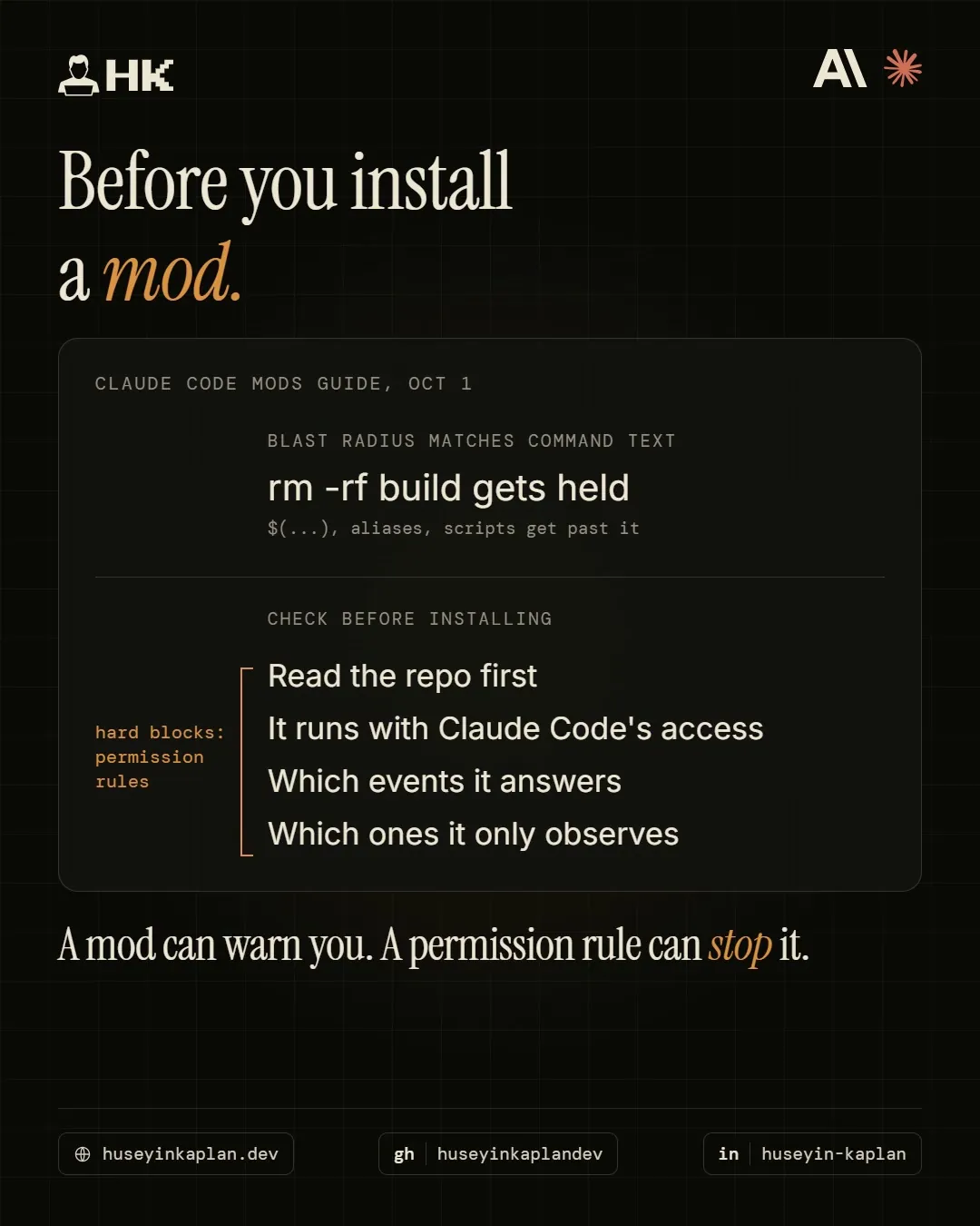 Claude Code mods guide: Blast Radius holds rm -rf build, but $(...), aliases and scripts get past it, with a pre-install checklist