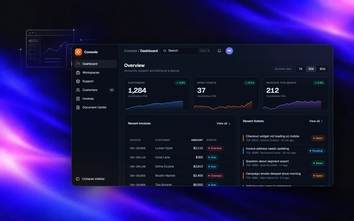Admin console demo with overview metrics, invoices and tickets