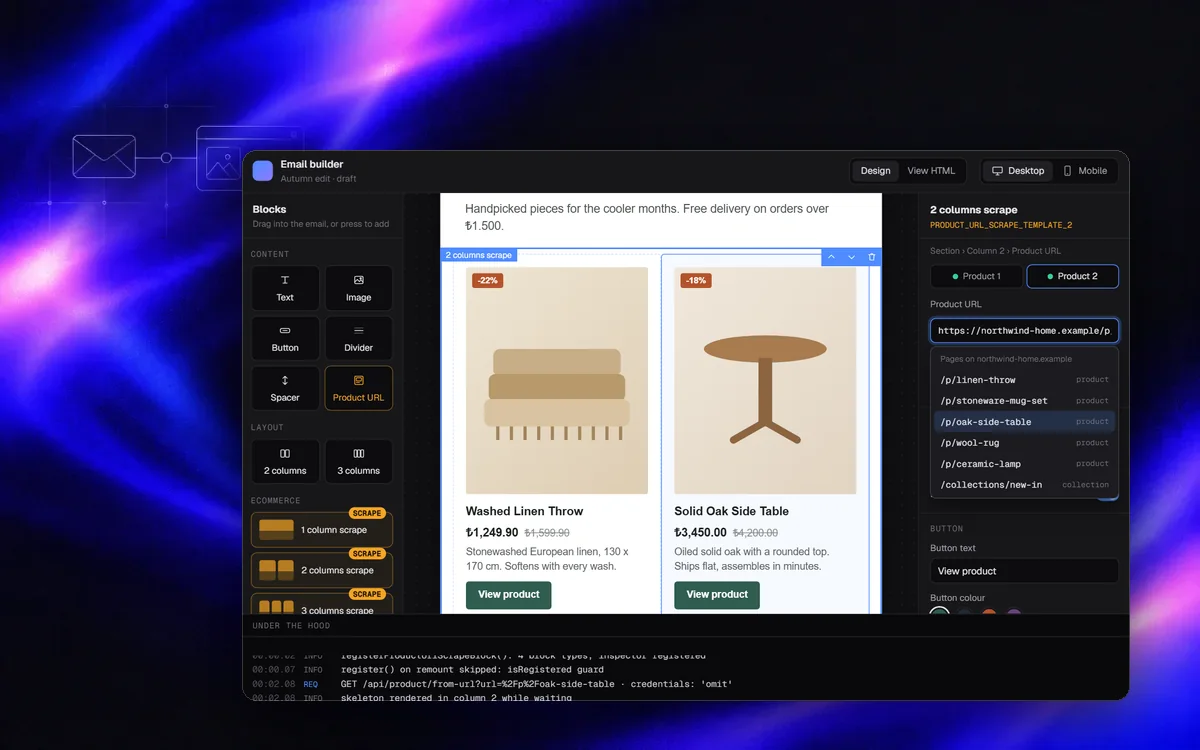 Email builder demo with a product block filled from a URL
