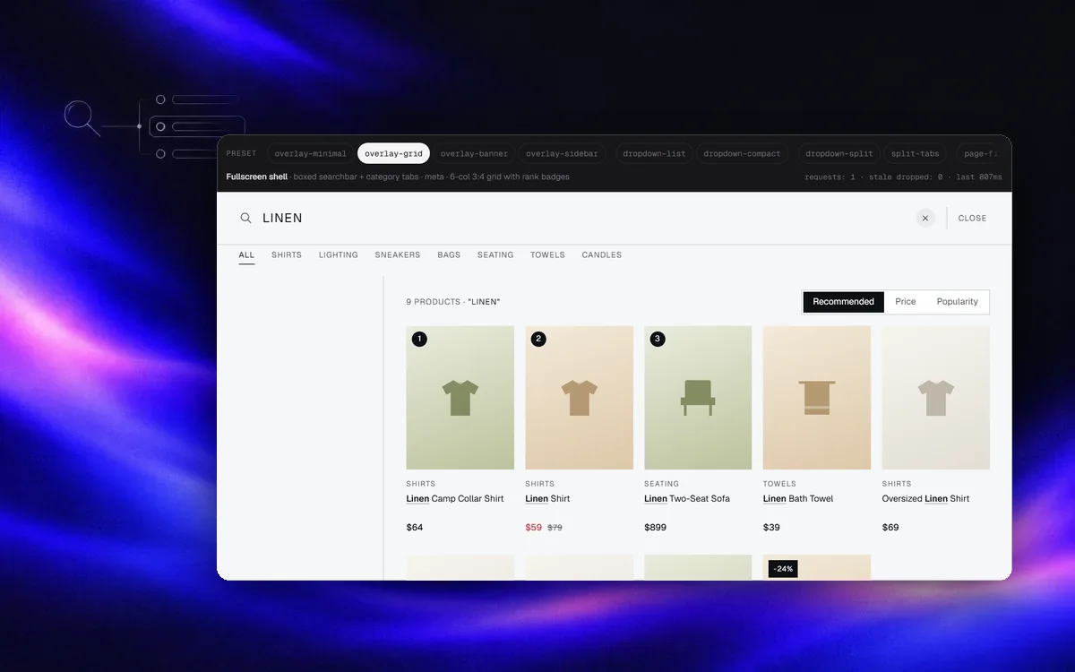 Search overlay demo showing results for a query on a synthetic store