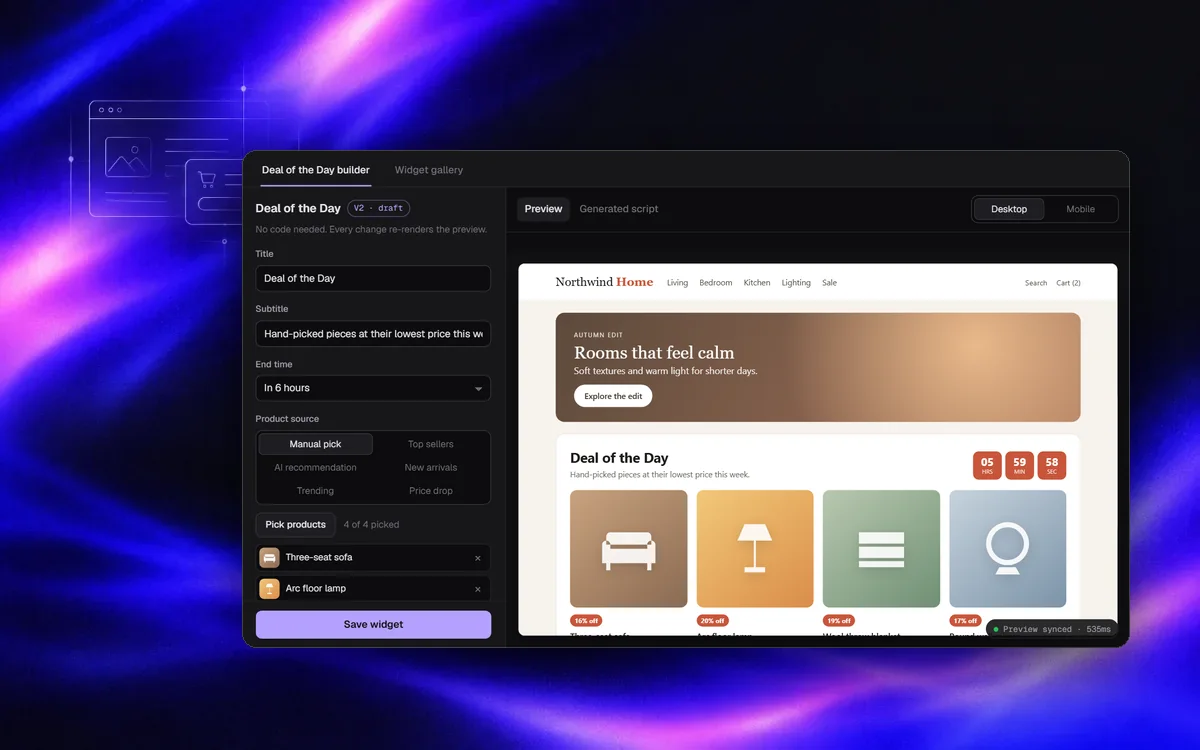 Deal of the Day builder demo with settings and a storefront preview